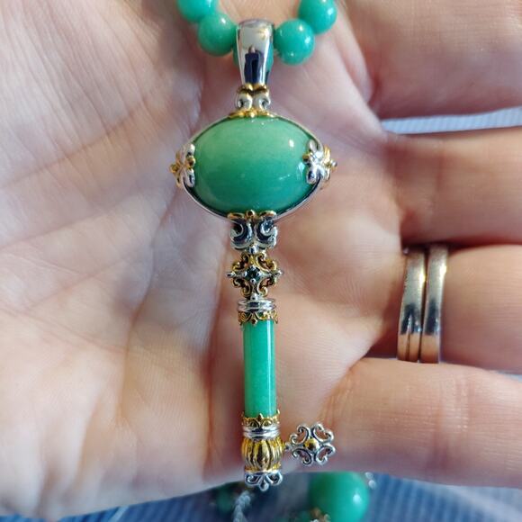 Jade Bead and Gold over Sterling, Jade & Emerald Key Design Necklace & earrings - Picture 1 of 7